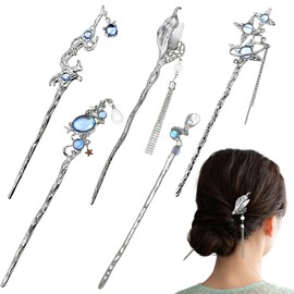 HASTHIP 5 Pcs Palillos para el Cabello de Metal con Estrella y Piedra Lunar, Púas de Plata Vintage Estilo Chino, Accesorios de Cóctel para Peinados