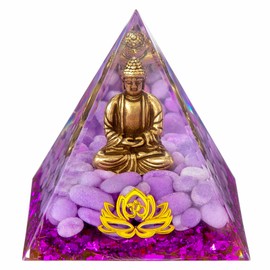 FENGSHUI-CAISHEN Little Buddha Statue in Healing Crystal Organite Pyramid - Purple Jade with Baby Buddha Figurine, Reiki Chakra Meditation Buddha Decor