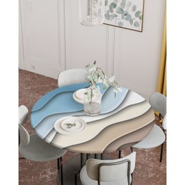 Blue Brown Gradient Wave Fitted Tablecloth for Round Table,Ocean Beach Table Cover with Elastic Edge Waterproof Table Cloth,Modern Abstract Minimalist Art Circle Table Covers for Kitchen 55-60in