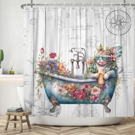 ASDCXZ Funny Shower Curtain 180 x 180 cm, Vintage Wooden Maritime Background, Funny Cat Flowers Leaves Washable Bathroom Shower Curtains Polyester Textile Waterproof Shower Curtain for Bathtub with 12