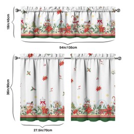 Christmas Kitchen Curtains and Valances Set of 3,Christmas Poinsettia Berry Holly Christmas Kitchen Decor,Winter Xmas Curtains and Valances Short Curtain Set for Kitchen Bedroom Holiday Decor 36 Inch