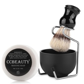 CCbeauty Mens Shaving Brush and Bowl Set, 4-in-1 Bristle Shave Brushes Kit with Stainless Steel Shaving Bowl & Soap Mug, Safety Razor Stand, Birthday Dad Gifts Set for Men, Black Soap 3.5Oz