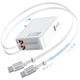 GLILAVOX 65W 5in1 120cm Charging Cord with Reel, Retractable Charger Type-C, Built-in 2 Cables, 3 Ports, Supports 5 Devices Charging Simultaneously, Foldable Plug, Space-Saving, for Home/Travel/Office