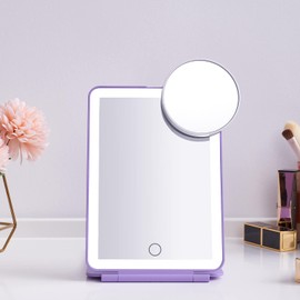 LED Foldable Travel Makeup Mirror - 5x7 inches3 Colors Light Modes USB Rechargeable Touch Screen, Portable Tabletop Cosmetic Mirror for Travel, Cosmetic, Office (Violet)