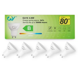 GY GU10 LED Bulb 4.9W 790lm Neutral White 4000K Energy Saving LED Bulb,The New UK Energy Efficiency Class B Replaces 80W Halogen, 120°Beam Angle Non-Dimmable, 5 Pack