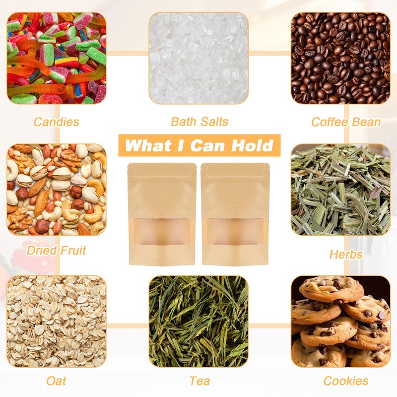 300 Pcs Stand Up Pouches with Window, Reusable Food Storage