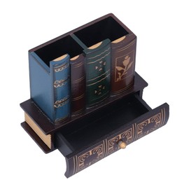 Porta lápices vintage para bolígrafo, diseño de libros de biblioteca decorativos, 3 compartimentos, suministros de oficina, organizador de almacenamiento de escritorio con cajón inferior
