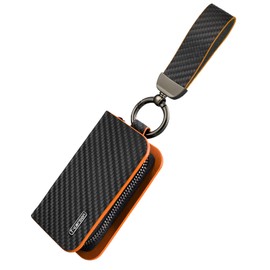 T-carbon Car Key Bag Made of Real Carbon Fibre, Leather Car Key Bag for Men, Key Ring with Zip and Metal Hook, Orange