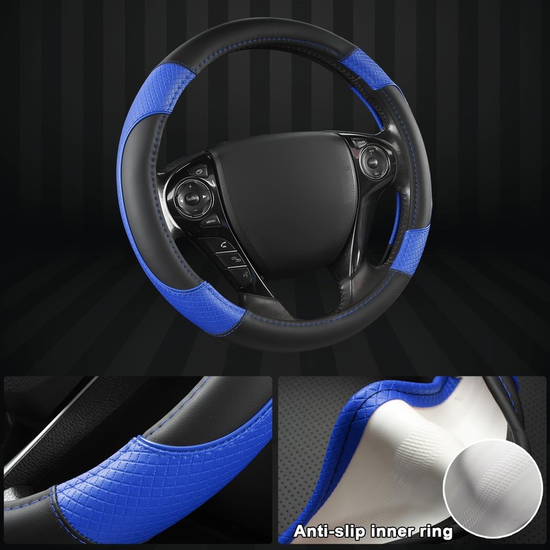 GIANT PANDA Microfiber Leather Steering Wheel Cover for Honda Accord,Civic,CR-V,HR-V,Pilot(Diamond-Pattern-Black+Blue-Standard