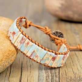 Natural African Opal Tube Beads Hand Braided Leather Boho Gemstone Bracelet Gift