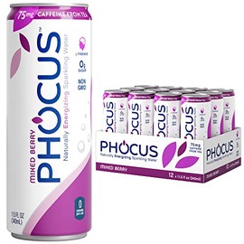 Phocus Caffeinated Sparkling Water - Mixed Berry - Clean Energy with Caffeine + L-Theanine - 0 Sugars, Calories or Carbs - Non GMO, Whole 30, Keto, Vegan, Kosher - 11.5 Fl Oz. (12 Pack)