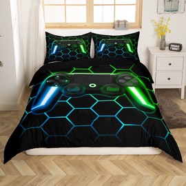 Gaming Duvet Cover Set for Boys, Kids, Game Controller, Luminous, Gamepad, Geometric Honeycomb Pattern, Bedding Set for Gamers, 1 Pillowcase, 135 x 200 cm