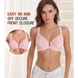 DotVol Women's Plus Size Front Closure Lace T-Back Underwire Everyday Bra(36DD,Hot Pink)