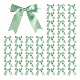Meseey 50 Pcs 5 Inches Twist Tie Satin Ribbon Bows Pretied Premade Craft Bows for Treat Bags Gift Wrapping Basket Wedding Baby Shower Brithday Christmas Party (Pastel Green)