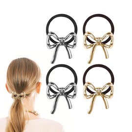 4 Pieces Metal Bow Hair Ties, Elastic Ponytail Cuff Holder, Elegant Bowknot Hair Cuffs Scrunchies Accessories for Women Girls Thick Thin Hair, Gold & Sliver (4 Pieces)