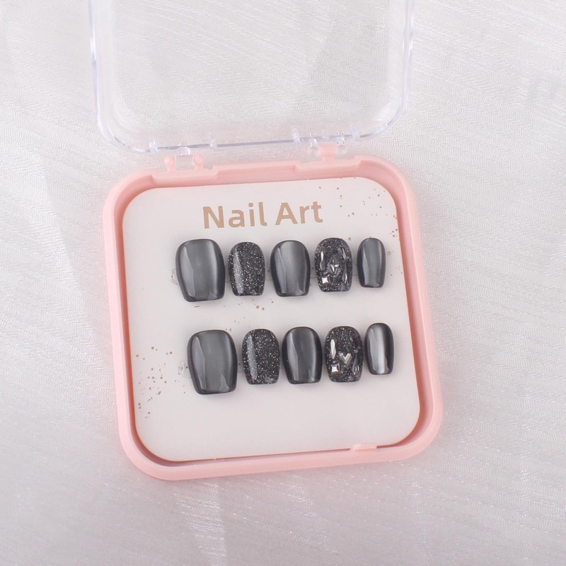 Nail Tip, Short, Square, False Claws, Black, Cat Eye, Short,