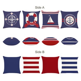 Bonhause Nautical Sailing Cushion Covers 45 x 45 cm Double Sided Compass Sailboat Anchor Decorative Throw Pillow Covers Linen Pillowcases for Sofa Bed Indoor Outdoor Decor Set of 4