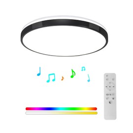 HOREVO 24W LED Ceiling Lamp Black Flush Mount Ceiling Light Fixture with Bluetooth Speaker with Remote Control,RGB Color Changing Light for Bedroom,Living Room,Bathroom,Kitchen.(Need Wired)