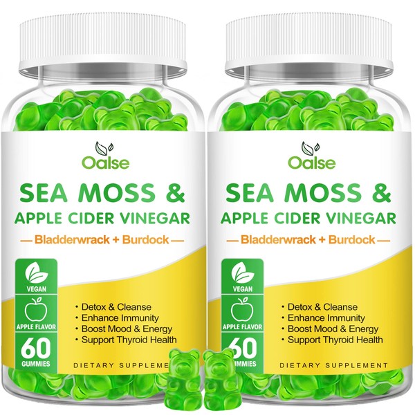 OALSE Organic Sea Moss Gummies - 1800mg Irish Sea Moss + 1200mg Bladderwrack + 240mg Burdock Root + 240mg Apple Cider Vinegar - Supports Immune & Digestion Health [60 Count (Pack of 2)]