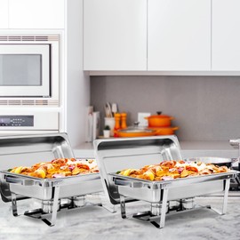 SUPER DEAL Newest 2 Pack 8QT Food Warmer, Rectangular Chafing Dish Buffet Set w/Foldable Frame Legs, Stainless Steel Full Size Chafer Dish for Parties