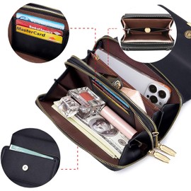 Bolsos Bandolera Pequeño Mujer, Cartera Teléfono Celular Cremallera Doble Monedero Grande Capacidadde Tajetero de Cuero Sintético Cartera Hombro con 2 Compartimientos Billetera (Negro)