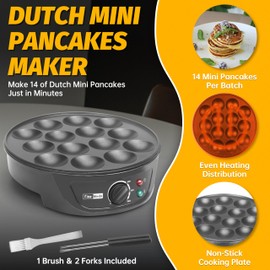 FineMade Non Stick Pancakes Maker Machine, Electric Poffertjes Pan with Browning Control, Mini Ebelskiver Aebleskiver Pan, Dutch Pancake Maker, with Brush & Forks, 14 Slots, Black