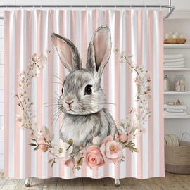 KTGHA Easter Shower Curtain Cute Bunny Rabbit Watercolor Floral Pink Striped Spring Polyester Fabric Bathroom Decor Set with Hooks(70" WX70 H)