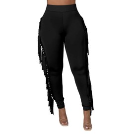 Rimhold Women's Fringe Pants Casual High Waist Solid Bodycon Side Tassel Pants Yoga Pants Sweatpants Bandage Pants Black Small