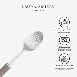 Laura Ashley 13-Inch Stainless Steel Slotted Spoon - Dishwasher Safe Large Serving Spoon with Ergonomic Soft-Touch Handle, Elegant Design for Efficient Draining and Easy Cleanup - Dark Dove Grey