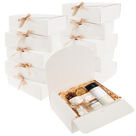 10 Pcs Gift Boxes with Lids and Ribbon, 10.6x7.8x3.1Inch Vellum Paper Bridesmaid Proposal Box, Collapsible Gift Box for Wedding, Packaging, Present, Birthday, Bridesmaid Gifts(White)