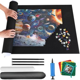 TOCOZOC Tapete de Rompecabezas Enrollable Juego de Alfombrilla Portátil, para 500, 1000 y 1500 Piezas,con Bomba Negra y Bolsa de Almacenamiento con Cordón y 4 Bandejas Clasificadoras (Negro)