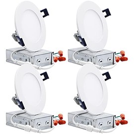 TORCHSTAR Essential Series 4 Inch Ultra-Thin LED Recessed Lighting with J-Box, 10.5W Dimmable Slim Panel Downlight 800lm, ETL & Energy Star Listed, 2700K Soft White, Pack of 4