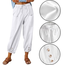 Women's High Waist Pants Drawstring Capri Pants with Pockets Wide Leg Cropped Pants for Women White Medium