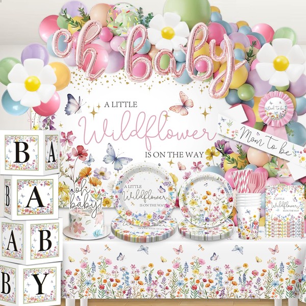 cocomigo Wildflower Baby Shower Decorations for Girl, All-in-One Set A
