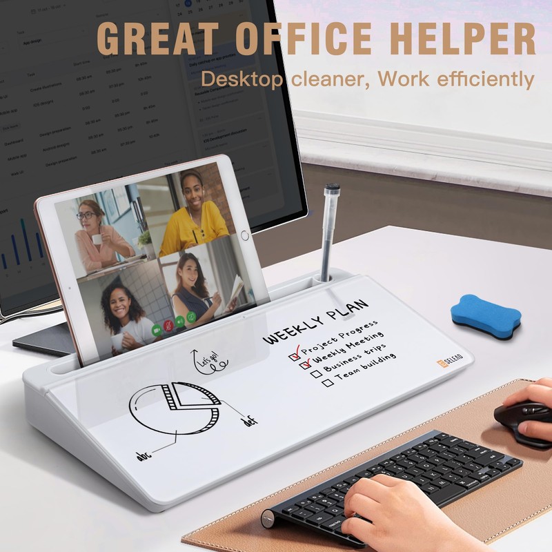 SELEAD Desktop Glass Whiteboard with Organizer & Built-in Mirror, Small