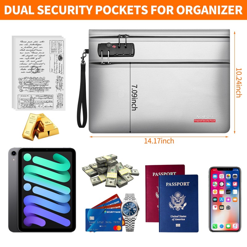 Noiposi 6400℉ Fireproof Document Bag with Lock,Dual-Zip Compartments Fireproof Money