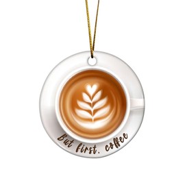 Artsy Woodsy Coffee Cup Christmas Tree 2D Flat (Not 3D Ornament) Ceramic Ornaments 2023,But First Coffee Decorative Hanging Ornaments for Holiday, Charming Coffee Lovers, Barista Keepsake Gift