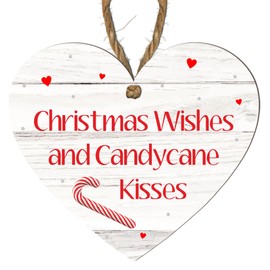 "Christmas Wishes and Candy Cane Kisses" MDF Hanging Heart Plaque - Festive Holiday Décor Sign for Indoor Use - Christmas Decoration for Home