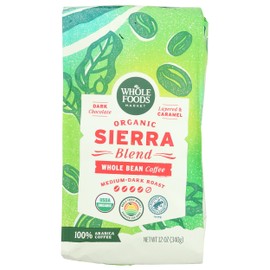 Whole Foods Market, Organic Sierra Blend Whole Bean Coffee, Medium-Dark Roast, Dark Chocolate & Caramel, 12 Ounce