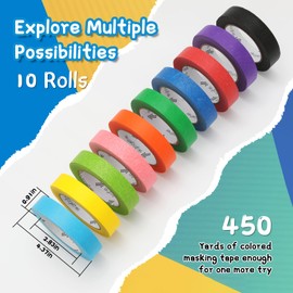 skytogether Colored Masking Tape 1 Inch Wide Rainbow Color Masking Tape Rolls for Kids Classroom Colorful Painters Tape Ten Colors Art Craft Tape, 1 Inch x 45 Yards, 10 Rolls