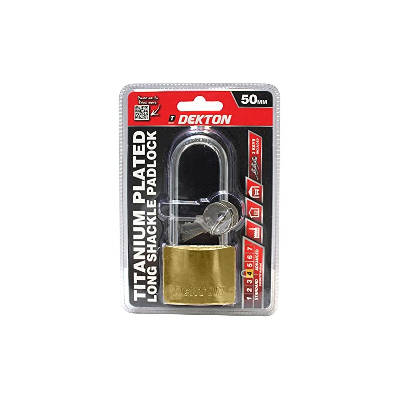 Dekton DT70139 50MM Long Shackle Titanium Plated Iron Padlock, Bronze