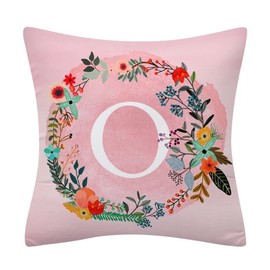 Fullfun Alphabet Letter Cushion Covers, Pink Double Sided Flower and Letter Printed Throw Pillow Covers Soft Polyester Decorative Pillow Cases for Sofa Couch Bedroom Home Decor (1PC, 45cm x 45cm)