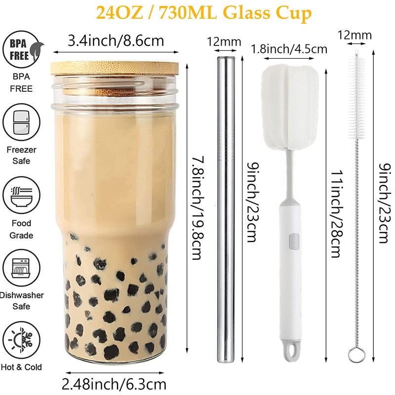 ASANMEYO 2 Pcs 24 oz Glass Cups With Bamboo Lids