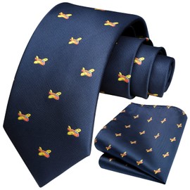 HISDERN Navy Blue Tie for Men Plane Pattern Ties Handkerchief Novelty Animal Print Wedding Necktie & Pocket Square Set