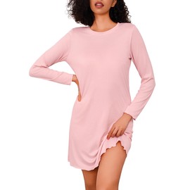 Leversic Women Long Sleeve Nightgown Round Neck Loose Fit Nightshirt Soft Cotton Nighties Knee Length Ladies Nightwear(Pink,L)