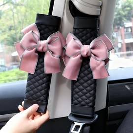 Zigihos Cute Bow Leather Car Seat Belt Cover Pads,2 Pcs & 4 Pcs Seat Belt Cover for Shoulder, Seatbelt Cushion, Car Seat Strap Pads, Seatbelt Covers for Women (Pink,4)