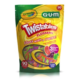 GUM Crayola Twistables Kids Flossers with Fluoride - Designed for Little Hands - Three Fun Fruit Flavors - Easy to Use Kids Floss Picks for Children Ages 3+, 90 ct (Pack of 4)