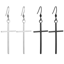 Kawailay 2 Pairs Stainless Steel Cross Earrings Long Cross Dangle Earrings Gothic Punk Rock Hip Hop Drop Earrings for Women - Silver and Black