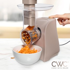 COOK WITH COLOR 5-in-1 Electric Slicer, 150W Food Prep Machine – Parmesan Shredder, Fine & Coarse Graters, Potato Grater, Vegetable Slicer, Compact Design for Bowl Prep, Warm Grey