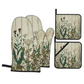 Oven Mitts and Pot Holders Sets of 4,Floral Vintage Floral Herbs and Wild Flowers Botanical Green Leaves Colorful Plants Rustic Wood Plank Farmhouse,Oven Mitts Oven Gloves Set Potholders for Kitchen
